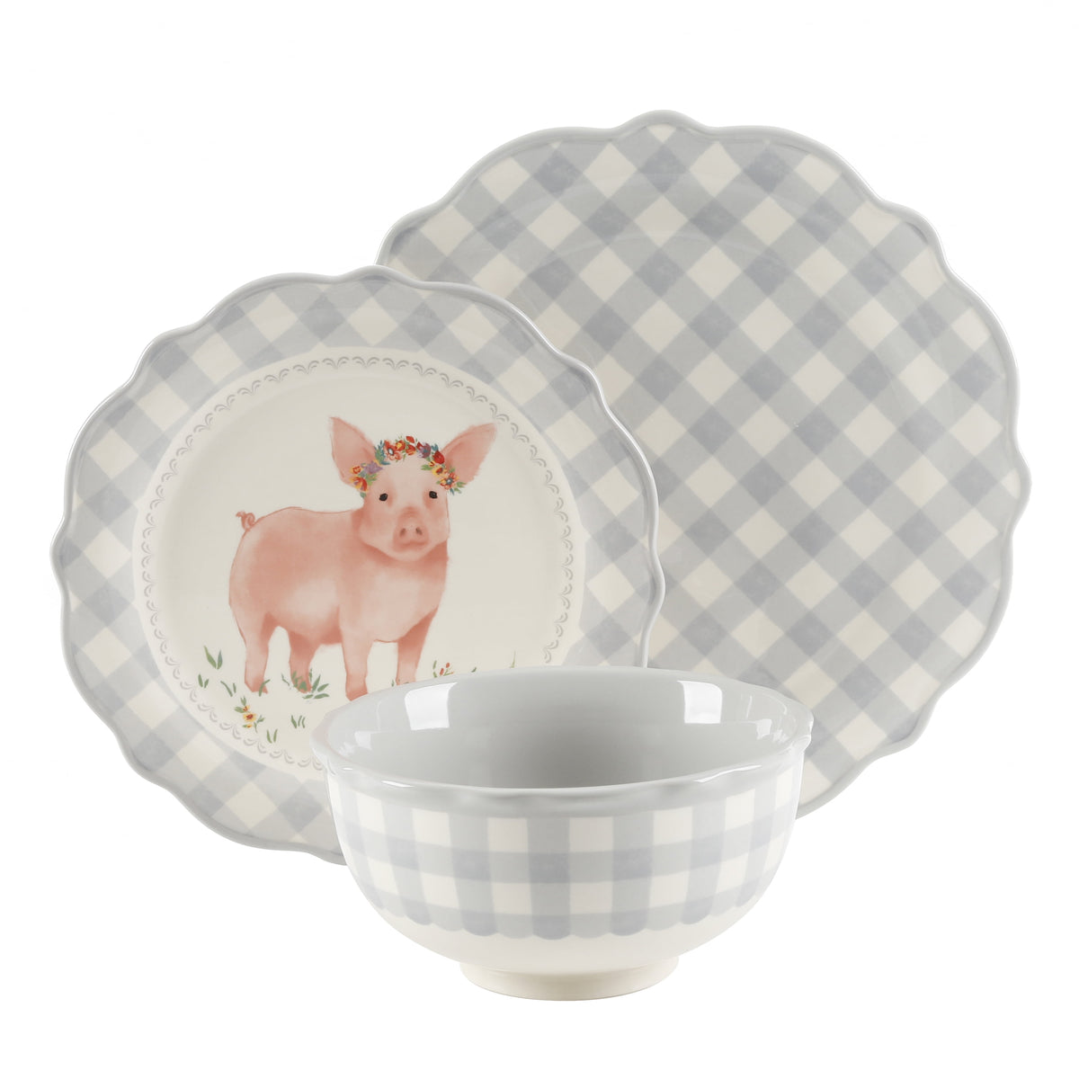 The Pioneer Woman Gingham 12-Piece Ceramic Dinnerware Set, Gray